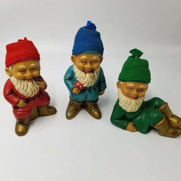 Elves Troll Gnomes Knit Caps Green Red Blue Figurines Hand Made Set 4 - Picture 3 of 10